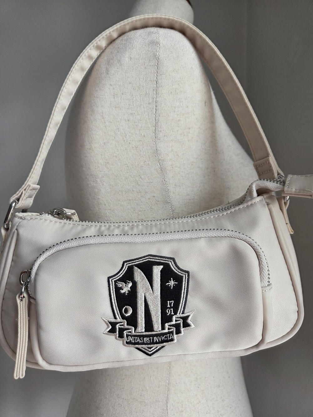 Zara Cream Shoulder Bag with Black Crest Patch